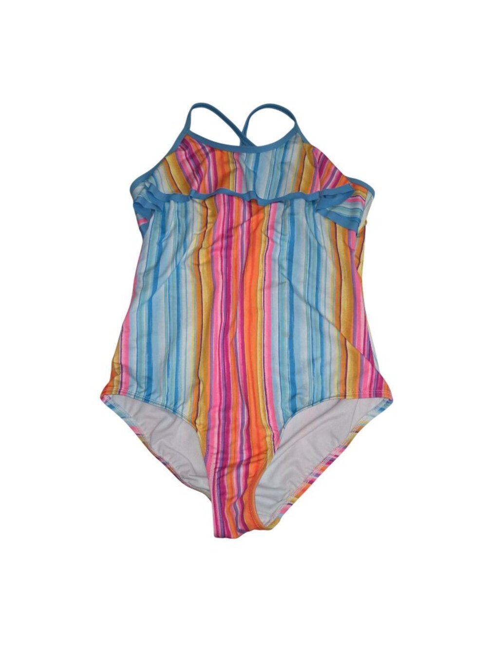Lands End Girls 12 + Striped One-Piece Swimsuit With Ruffle Accent Multicolor 45